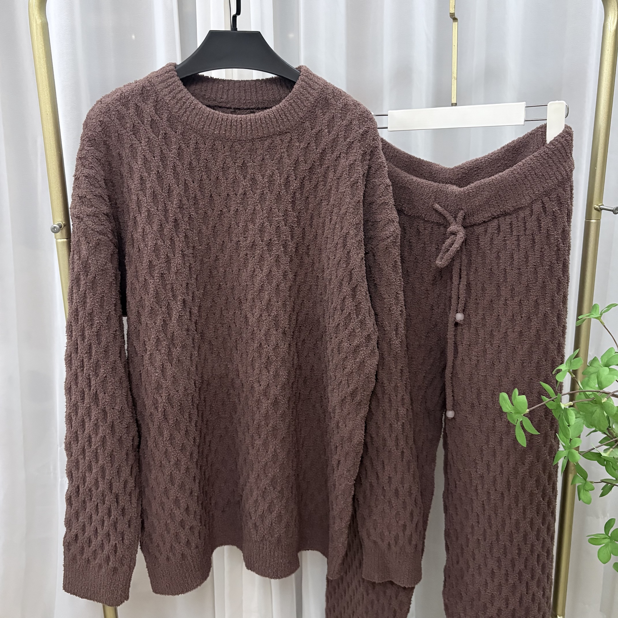 男款菠萝纹慵懒纯色半边绒家居服套装