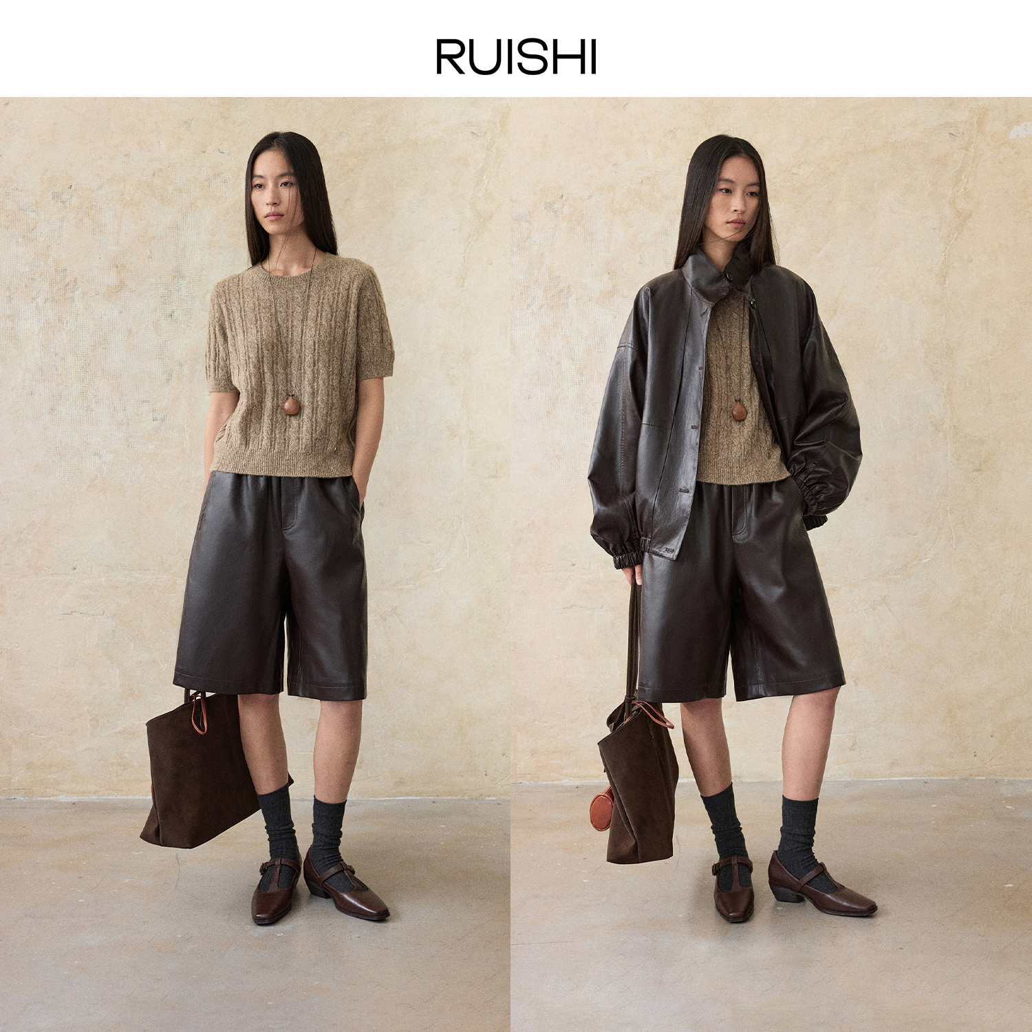 RUISHI芮时 “都市游踪”松紧腰小羊皮质感中裤女秋季R25C176801
