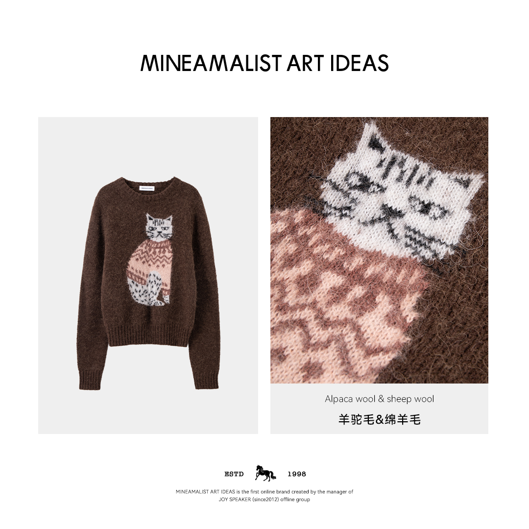 MINEAMALIST ART IDEAS秋冬复古发财猫圆领羊驼毛衣2999M