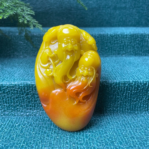 奇石雕刻财神寿星手把件人财两旺双星高照俏色巧雕