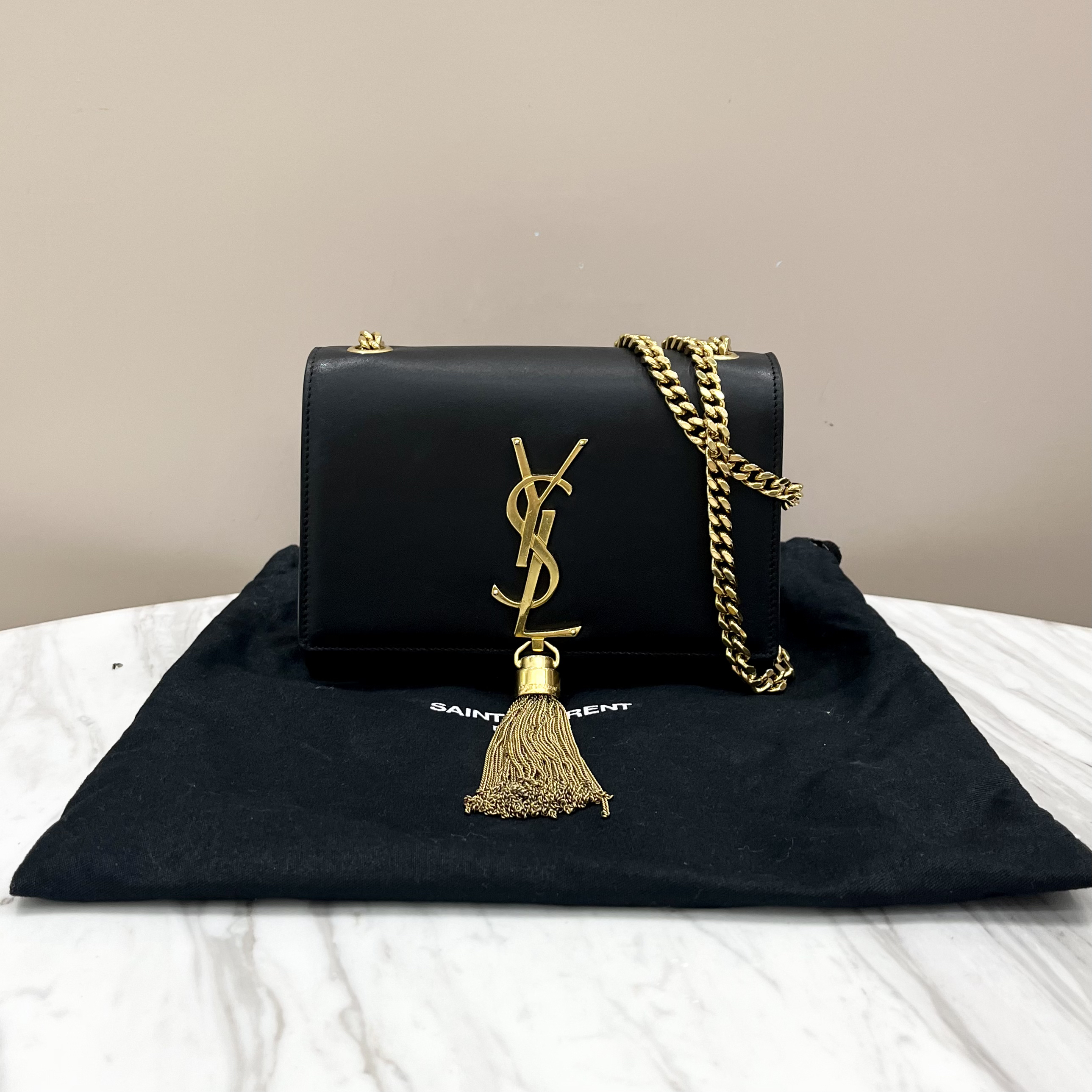 99新 YSL/圣罗兰 圣罗兰黑金光面迷你kate流苏包 98新 约17*11.5
