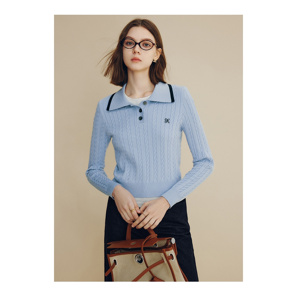 【芋总专属】法曼萱法式绞花POLO领针织衫女小个子2025春上衣
