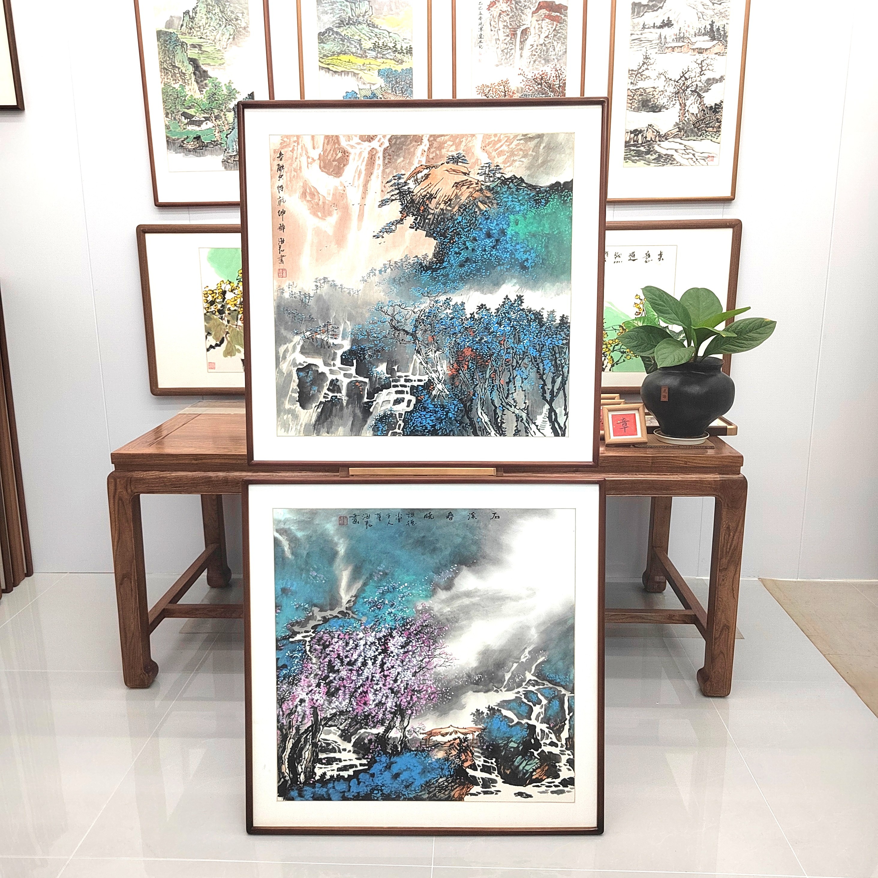 纯手绘国画山水斗方二连屏一对80*80cm，餐厅茶室书房沙发背景等挂