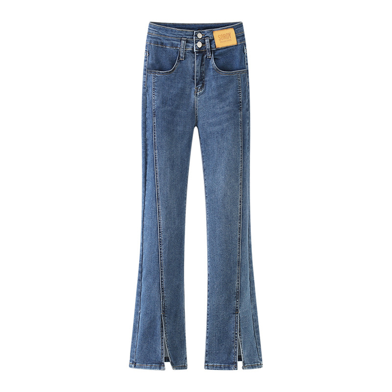 前开叉牛仔喇叭裤女夏高腰弹力修身显瘦百搭微喇直筒女士拖地长裤