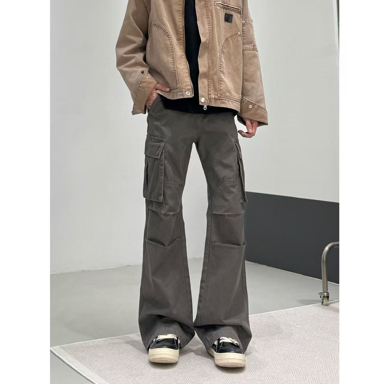 【纯棉工装】显高显瘦多口袋拼接褶皱烟草灰微喇工装裤