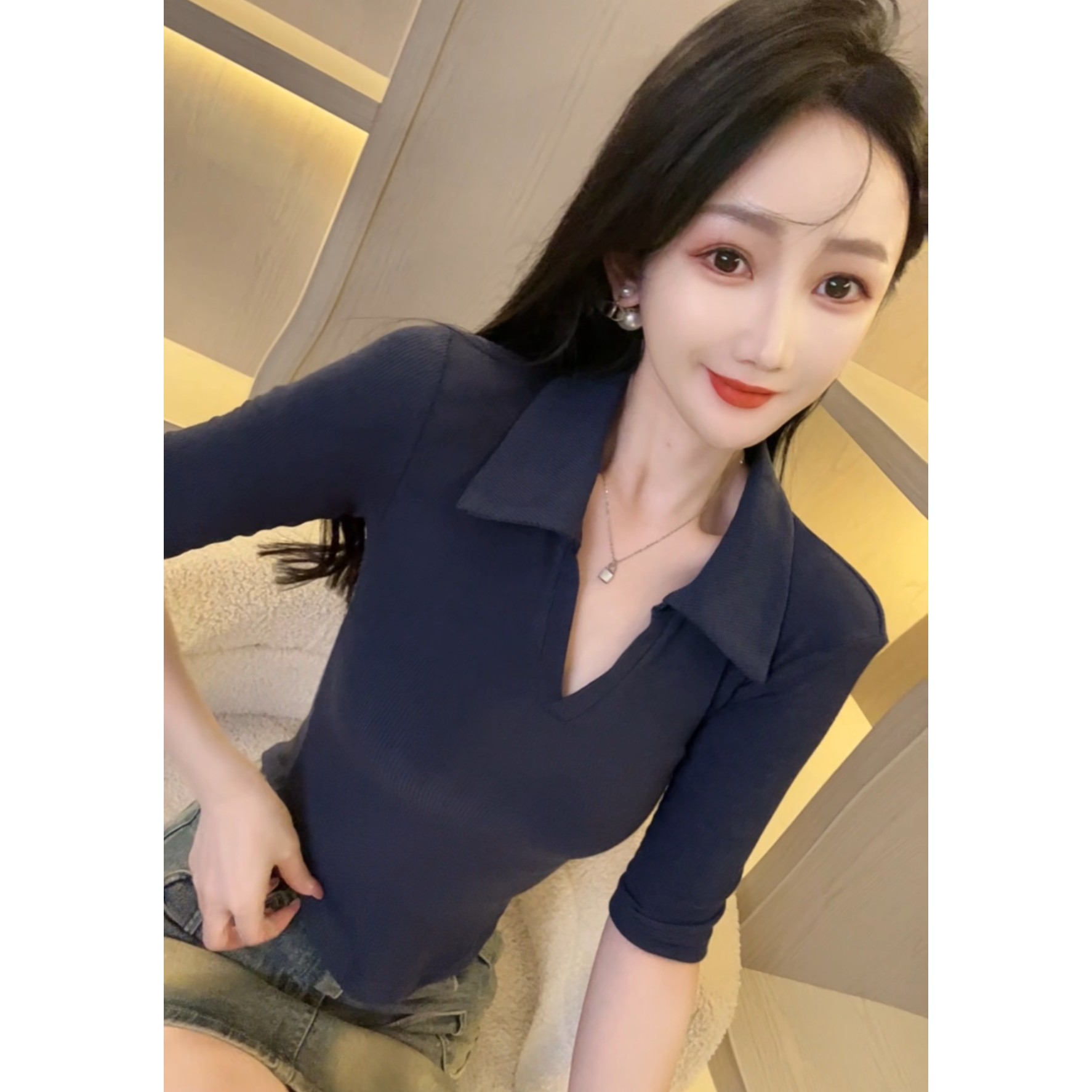 【小伊028】翻领T恤女中袖带修身性感