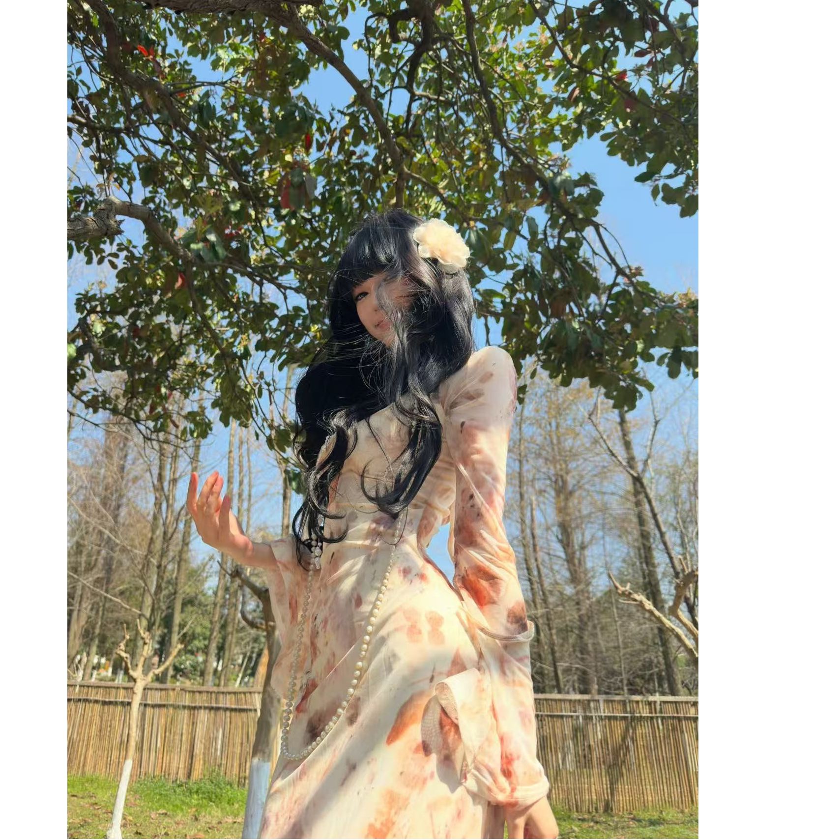 性感纯欲辣妹网纱印花连衣裙女春夏收腰显瘦气质V领碎花长裙