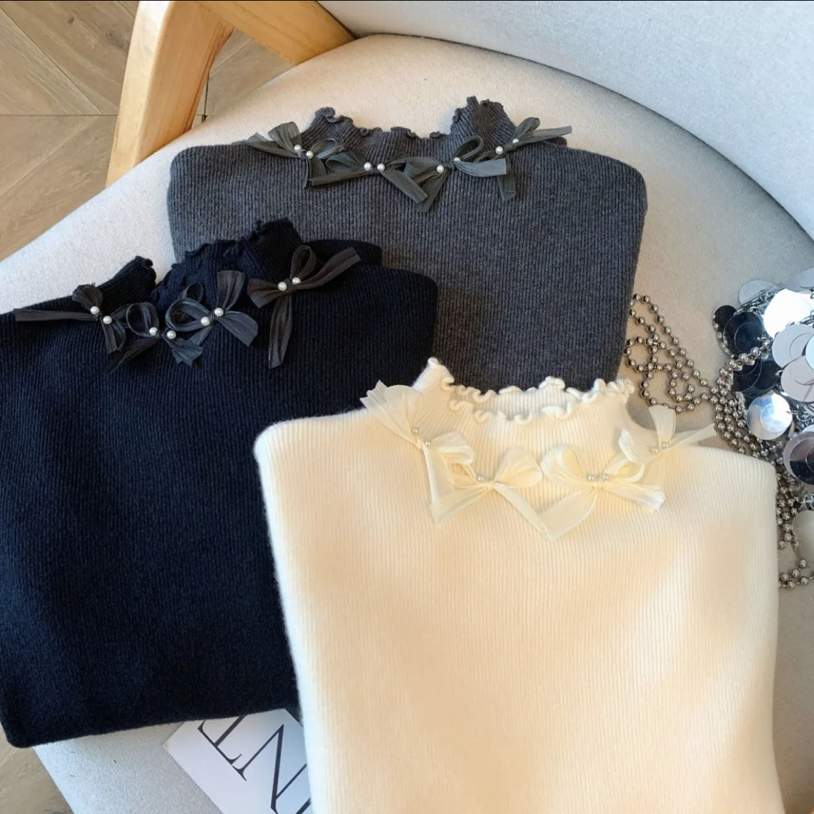 6502珍珠蝴蝶结木耳边打底