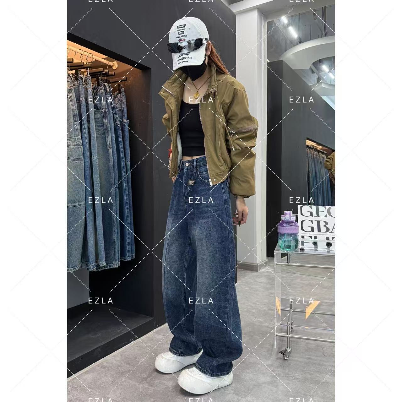 EZ8689-2秋冬加绒新款2025百搭设计显瘦显腿长炸街美式牛仔弯刀裤