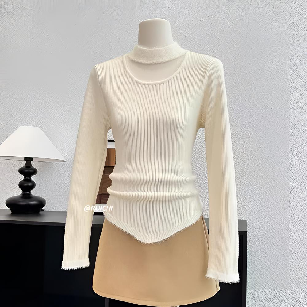 韩系2025秋冬新款圆领毛绒挂脖拼接下摆长袖套头针织打底衫上衣女