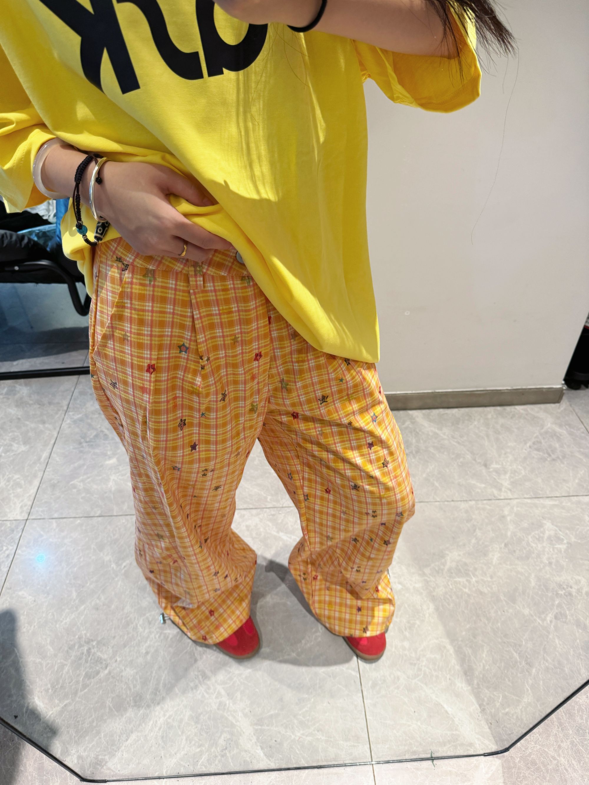 ANDLIFE格子设计宽松弯刀格子裤裤潮牌男女同款宽腿裤