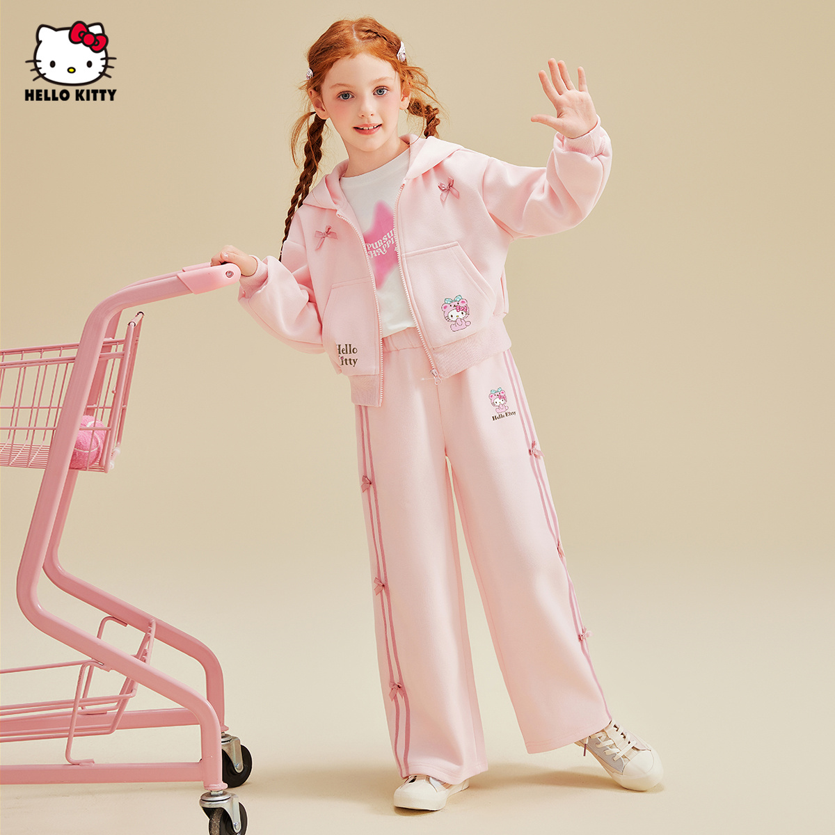 女童中大童春秋运动风套装甜美粉小蝴蝶结套装