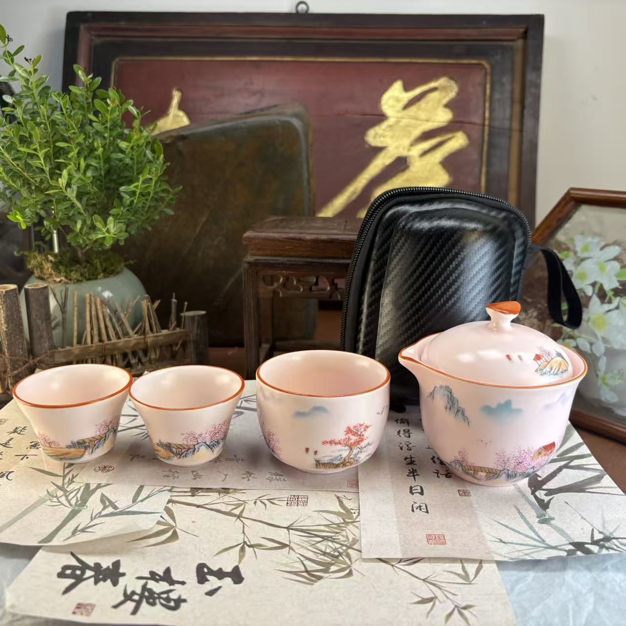粉黛佳人粉色汝窑山水人家旅行茶具-4216-直播专享