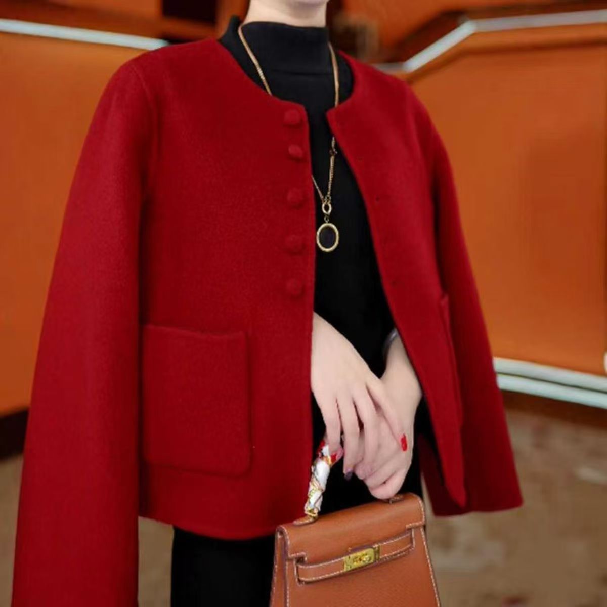 【外贸原单】2025新款秋冬季时尚洋气小香风外套红色女款短款