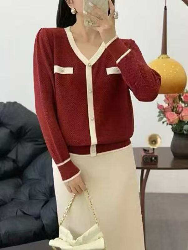 136【红  V领假开衫   长袖】高级气质针织女衫
