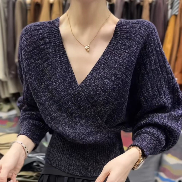 设计感交叉V领软糯全羊毛花线毛衣女2025新欧货显瘦气质时髦上衣