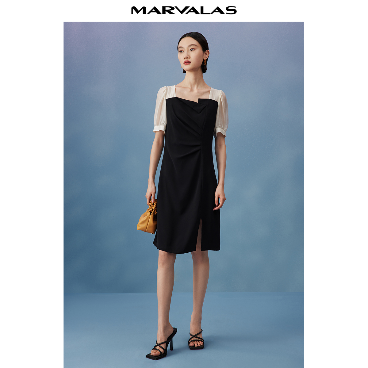 【九月专属】曼德诗莱赛尔天丝方领新款弹力拼接连衣裙MC534107819