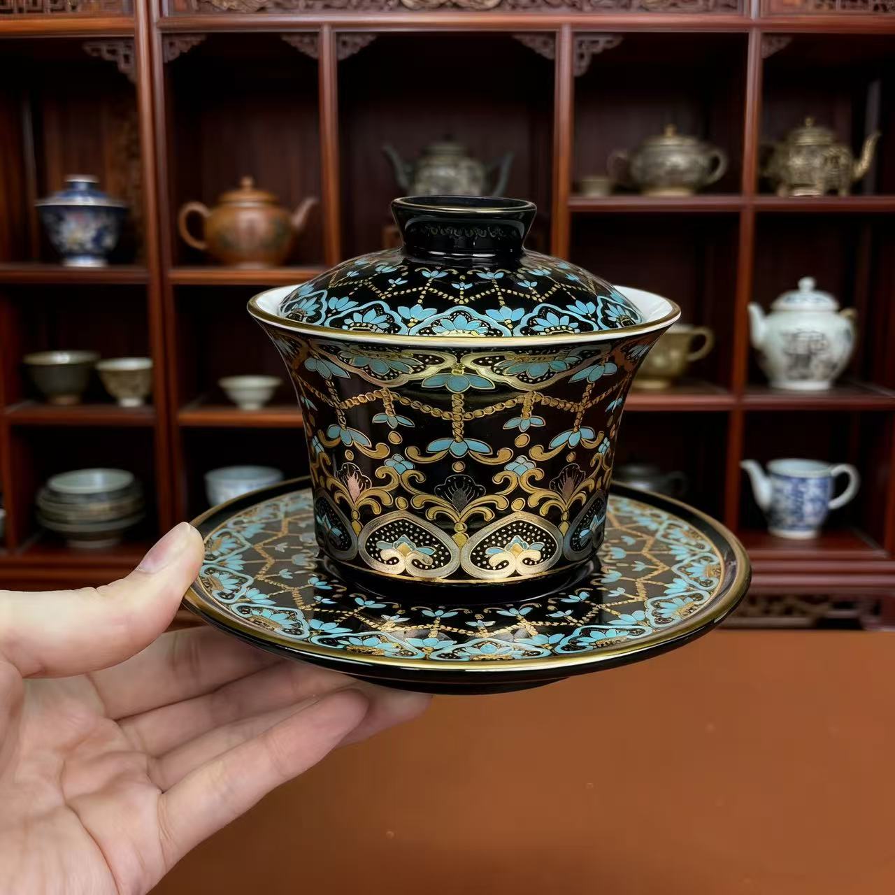 ST-Y6376-黑色金缕翠影-三才盖碗茶杯陶瓷茶具