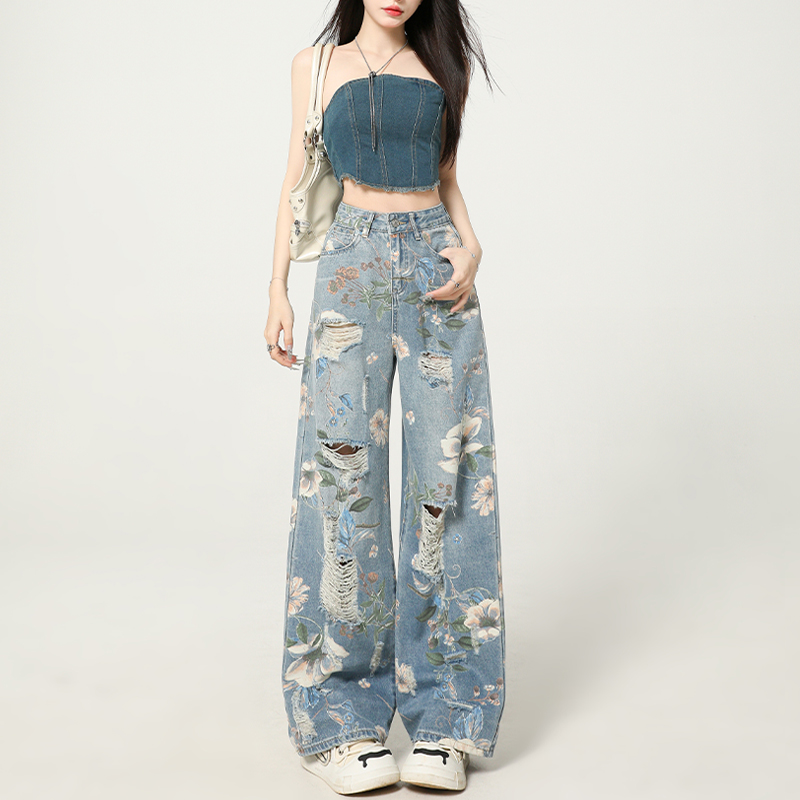 复古破洞印花阔腿牛仔裤女2025冬季新款高腰宽松垂感堆堆拖地长裤
