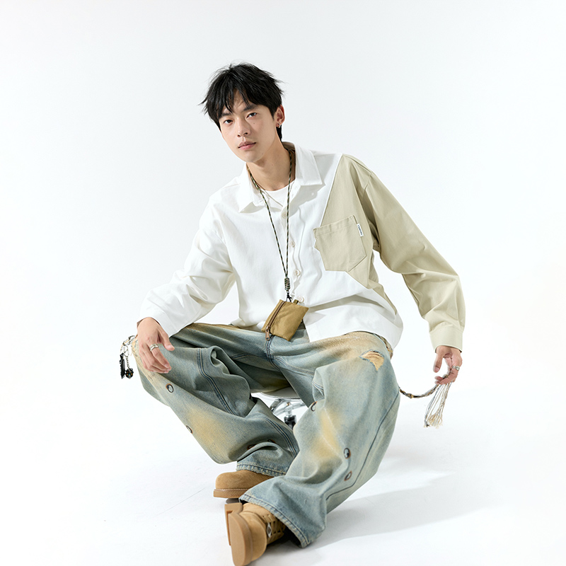 男士长袖衬衫春秋款拼接设计感工装男生中性简约衬衣秋季美式男装