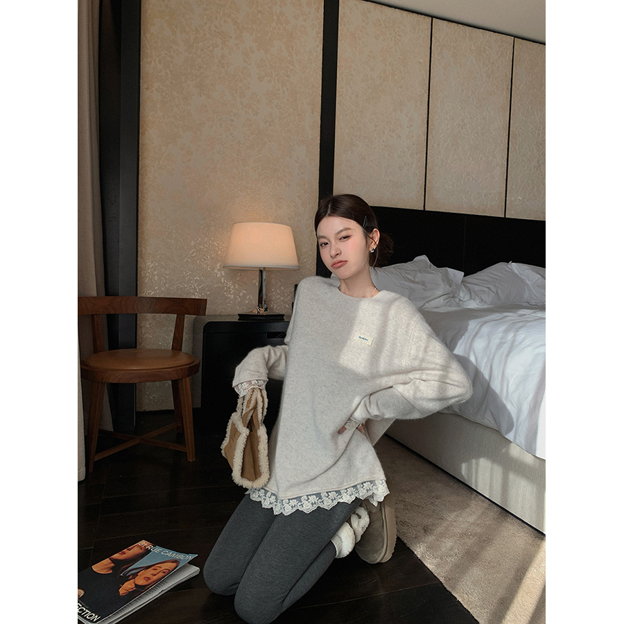 张贝贝 BC恋人 兔毛羊毛 韩系花边蕾丝毛衣