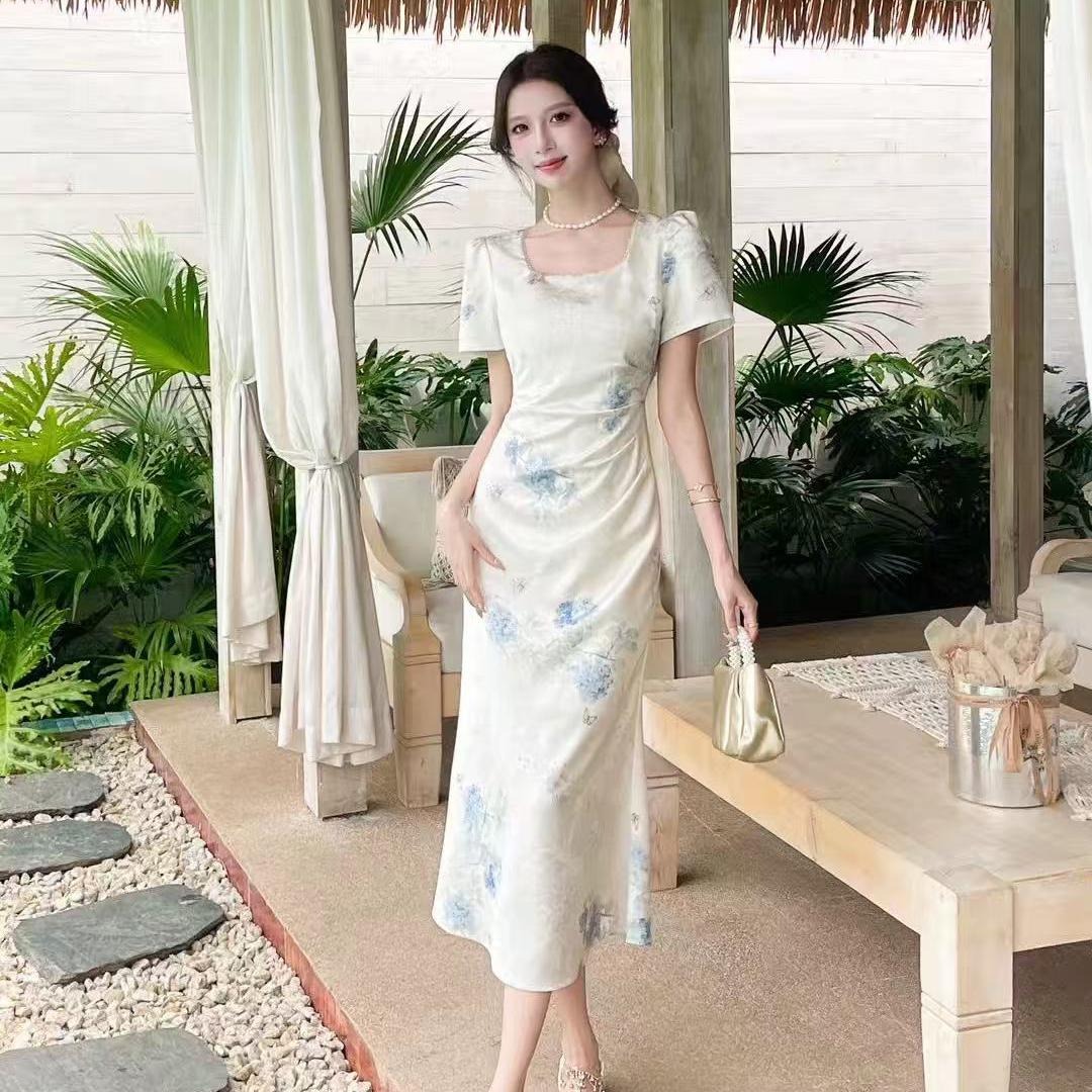 新中式缎面名媛气质彩琉璃连衣裙G05