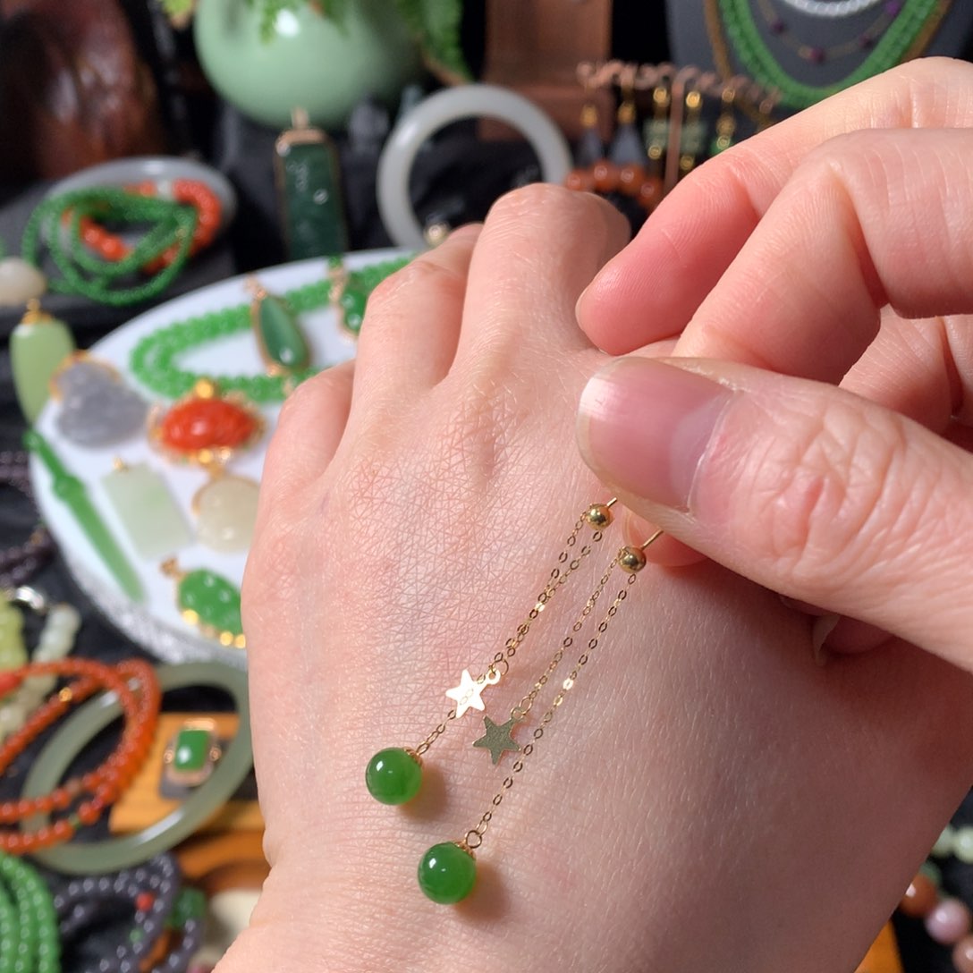 和田玉（碧玉）耳饰18K金镶嵌SL0001