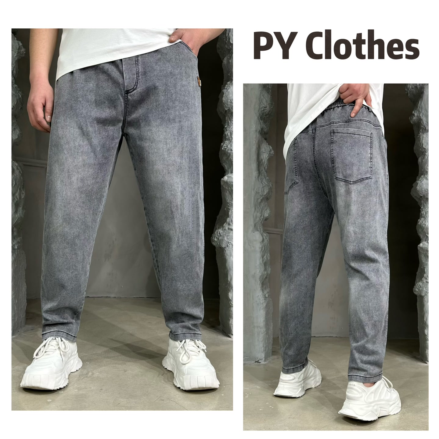 胖语大码男装  2025春季新款简约百搭水洗复古磨白牛仔裤1902#S  
