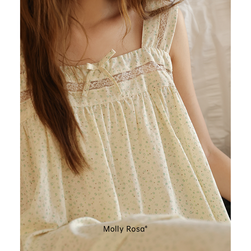 白茶碎花@自制纯棉纱布背心镂空绿花睡裙蕾丝少女连衣裙夏季长裙