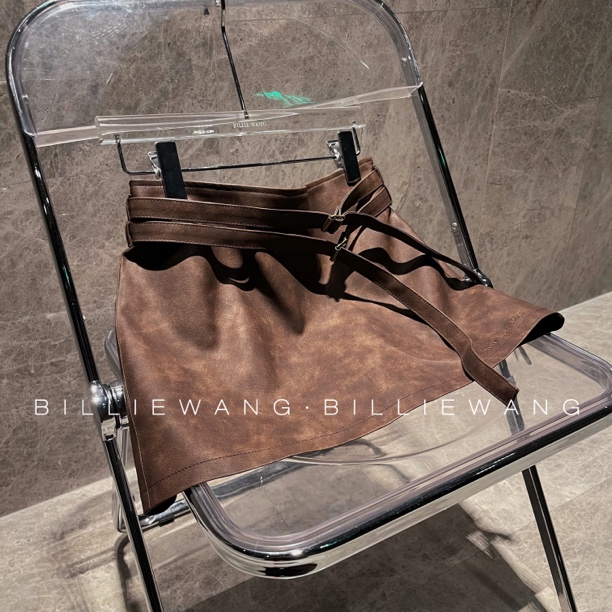 BW独立设计师高定系列｜复古棕咖擦色双层腰带PU半裙