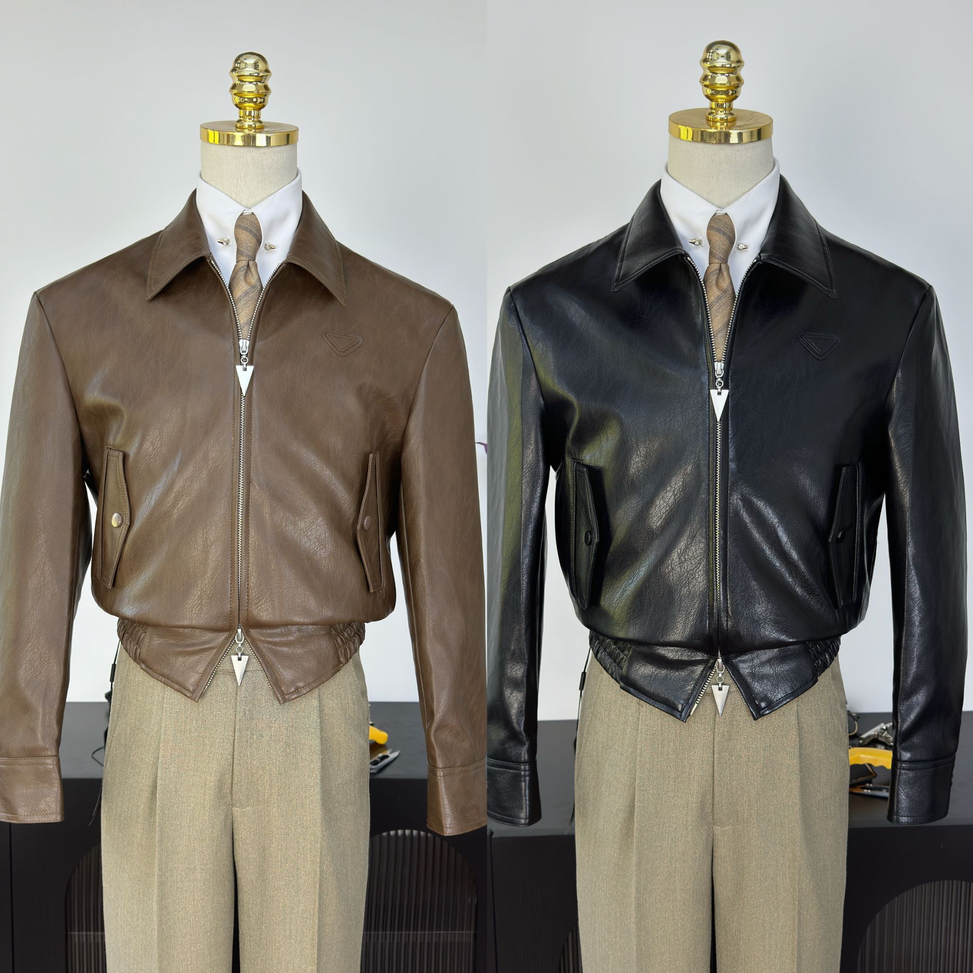 【西蒙曹】-秋冬短款箱型显高爆裂纹PU皮夹克