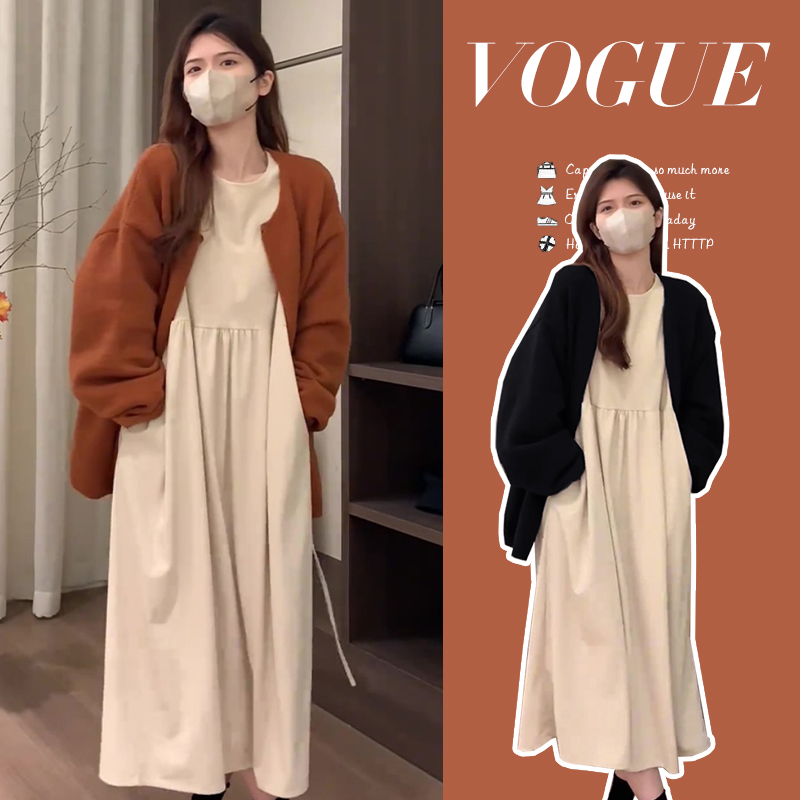 YNVO时尚~2025早秋季法式灯芯绒长款连衣裙+气质毛衣外套孕妇套装