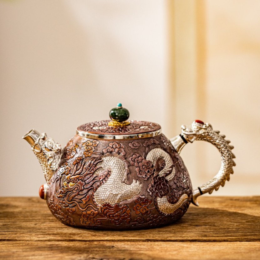 蜂鸟工坊 傳家 铜包银龙头隔热把垫金片嵌刻龙凤镶珠小壶 FNN3097