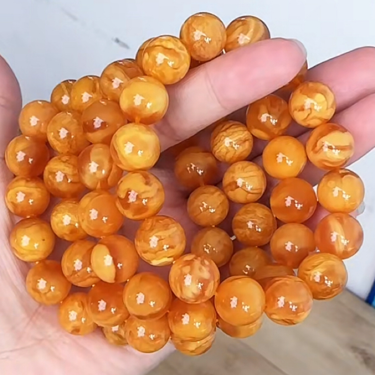 【齐福珠宝】12mm特级溶洞鸡油红妖花蜡圆珠单圈（多样性发其一）