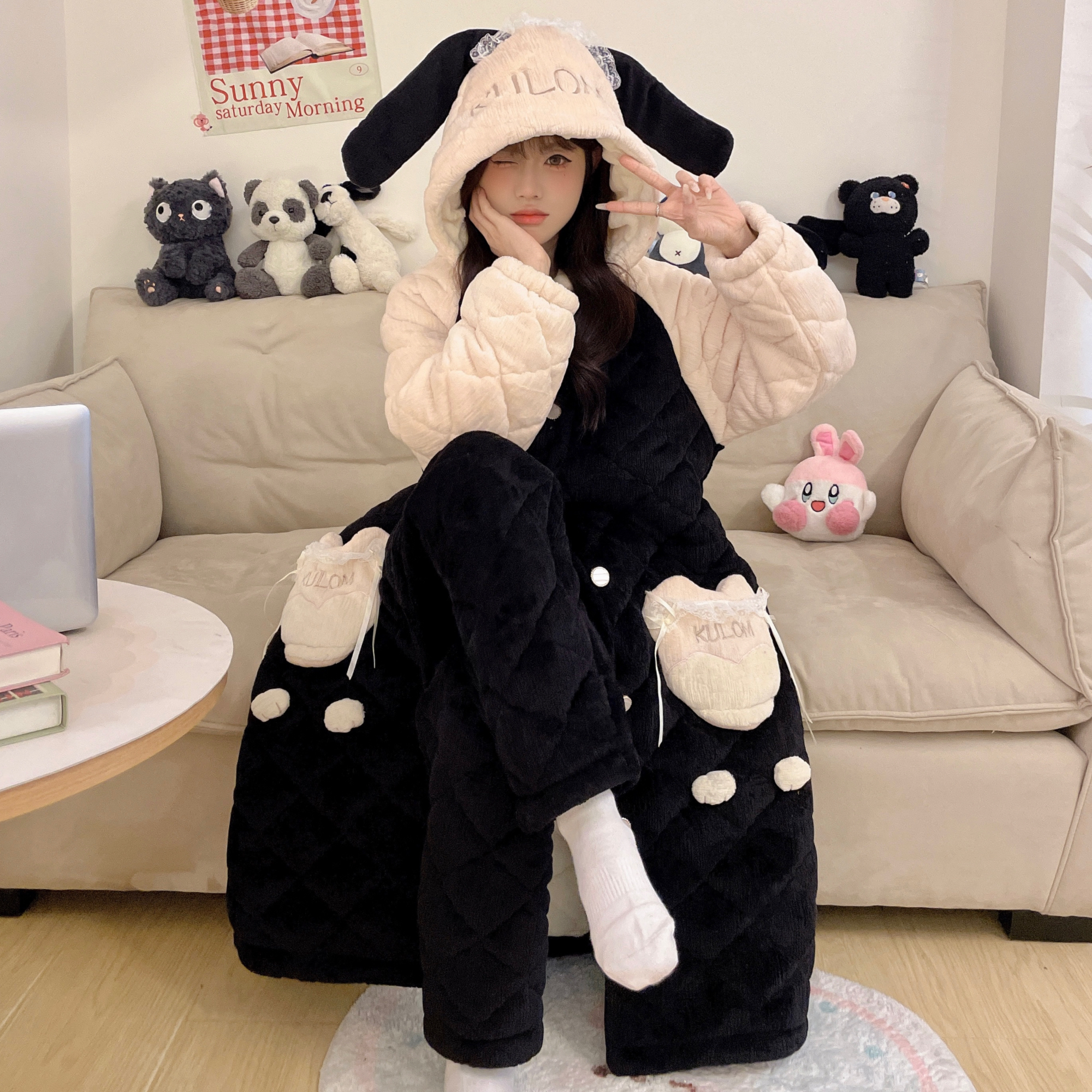 2025三层夹棉睡衣女秋冬季加绒加厚连帽睡袍可爱浴袍家居服冬天