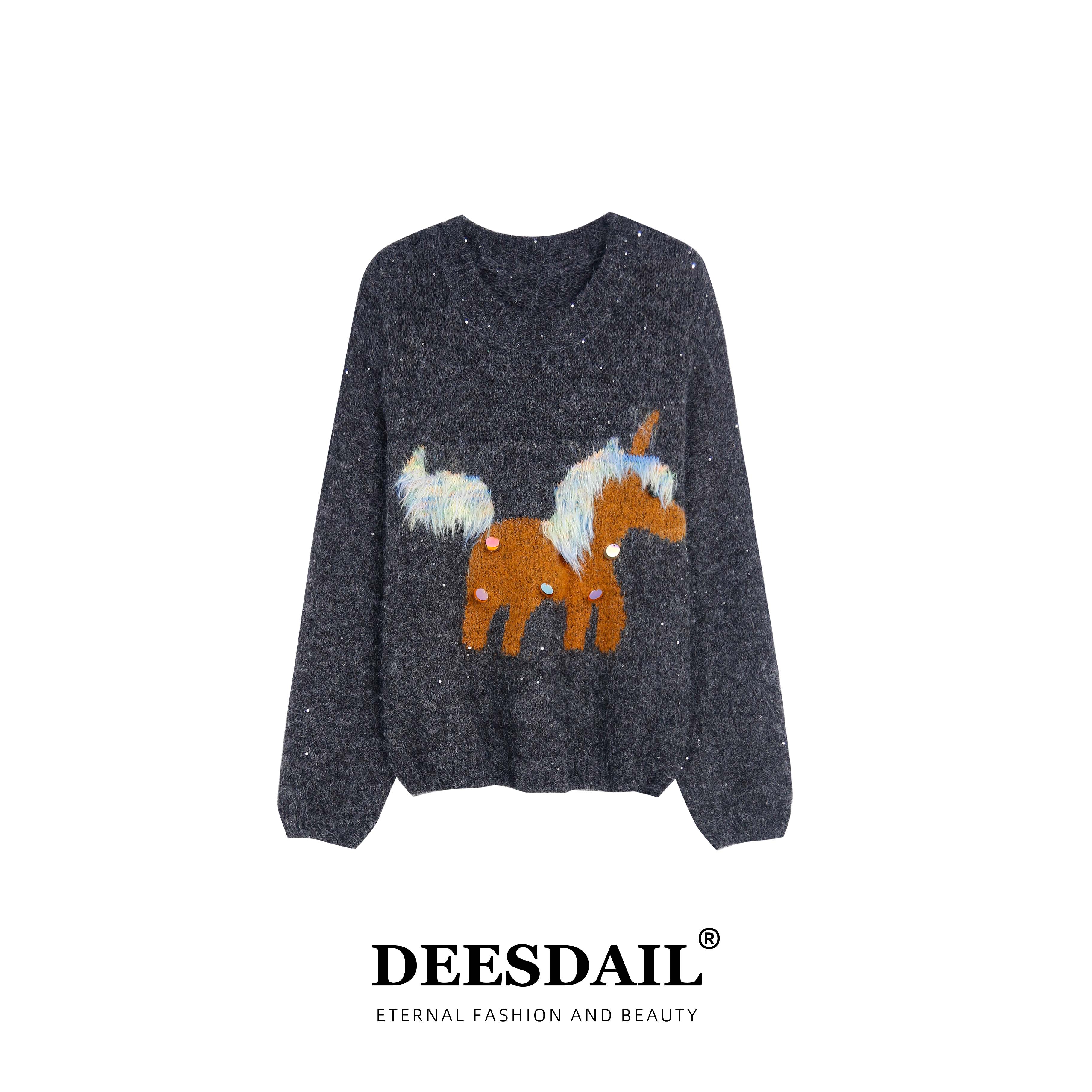 【5】Deesdail冬灰色提花亮片毛衣显瘦小众宽松百搭针织衫A360/A378