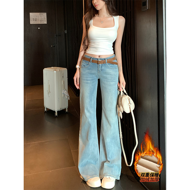 简约蓝调低腰加绒不贴腿微喇牛仔裤女2025年冬季新款显腿长拖地裤