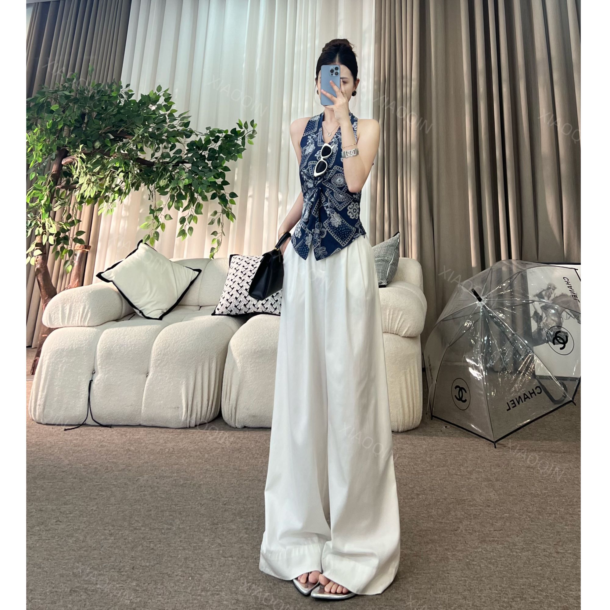 XIAOQIN【遇见美好】夏季扭结V领印花背心上衣直筒阔腿裤S010