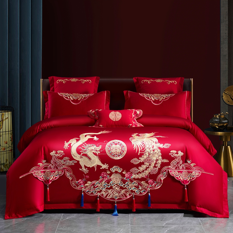 【龙凤欢腾】【聚酯纤维】龙凤婚庆家纺床上用品刺绣中式红色四件套