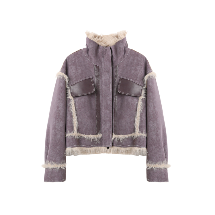 西町村屋拼皮紫色皮毛一体短外套XA9D10296