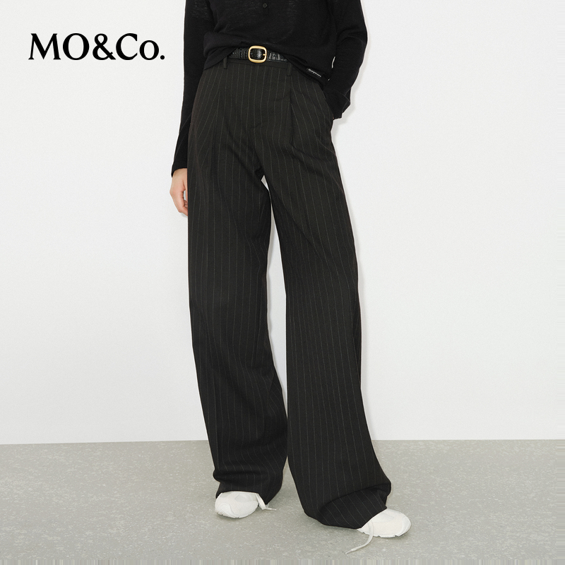 MOCO休闲裤冬季绵羊毛高腰条纹西裤MBD4PAT015