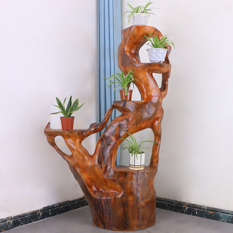 香樟木新中式根雕花架实木多层花几落地式盆景架室内MH10388