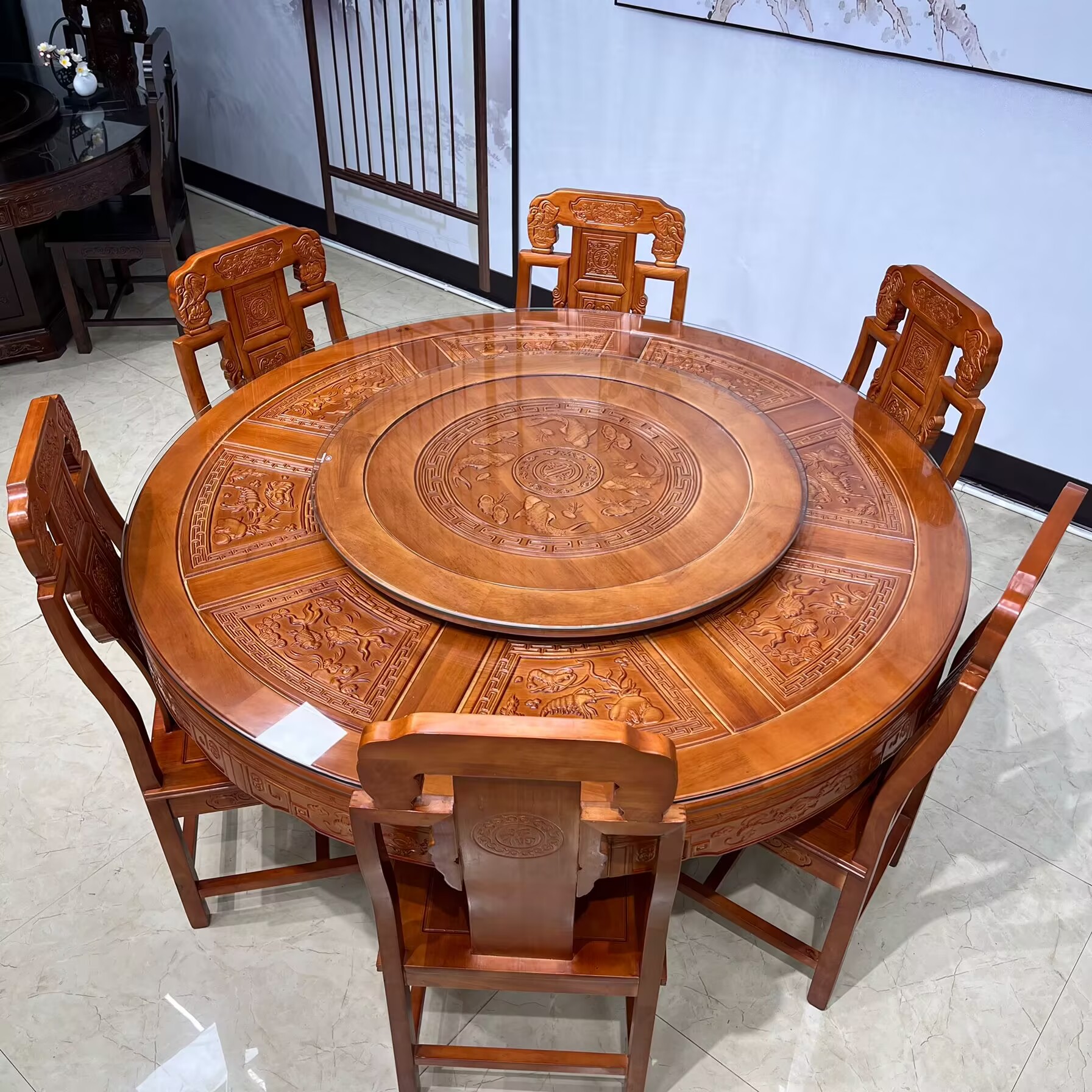 【橡木雕花】中式仿古全实木橡木餐桌椅带转盘家用圆桌6-12人餐桌