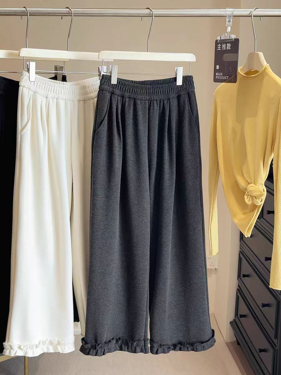 800-900连接，秋冬新款加绒毛呢花边休闲裤松弛感宽松阔腿九分裤女