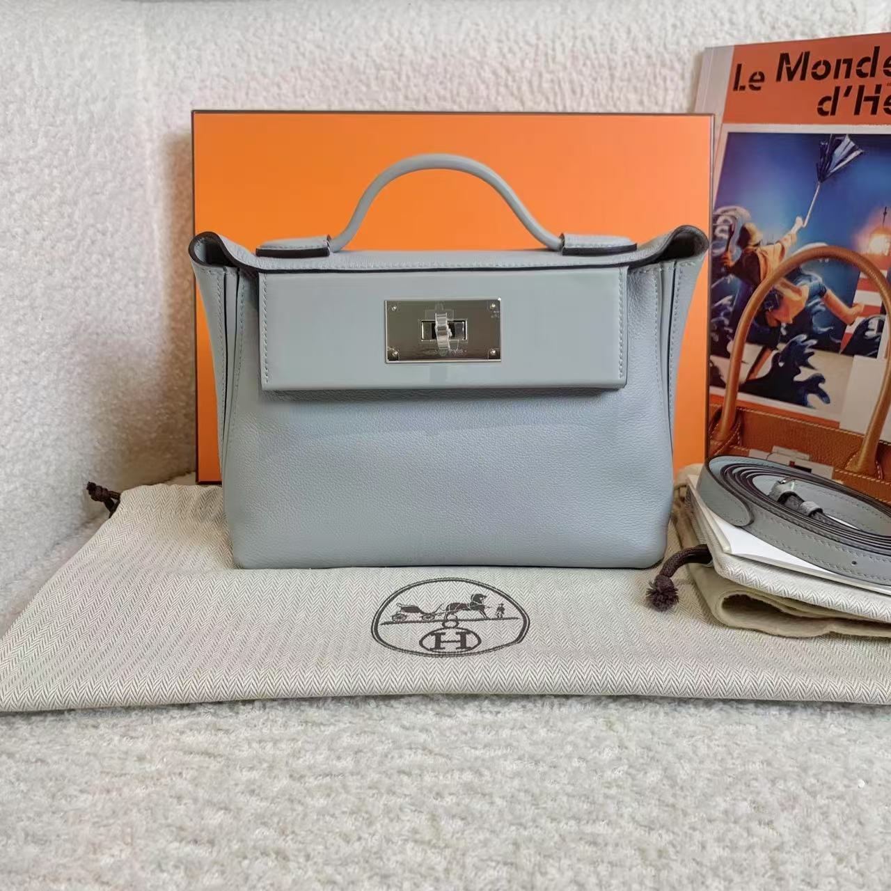 未使用 Hermes/爱马仕 壹臻/冰川蓝银扣mini2424 W刻ec皮19395219