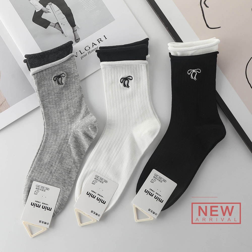 春夏新款蝴蝶结堆堆袜子女中筒棉袜ins潮时尚百搭日系白色长筒袜