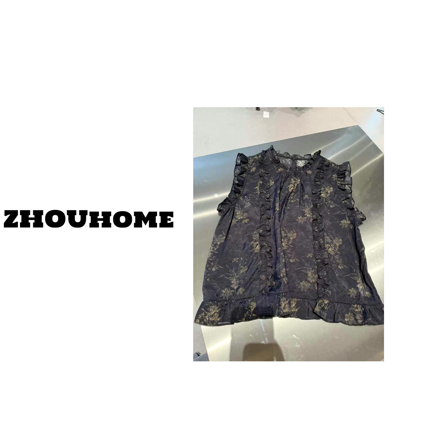 【周周服饰】欧货高级感圆领木耳花边碎花飞袖小衫女夏季2025新款
