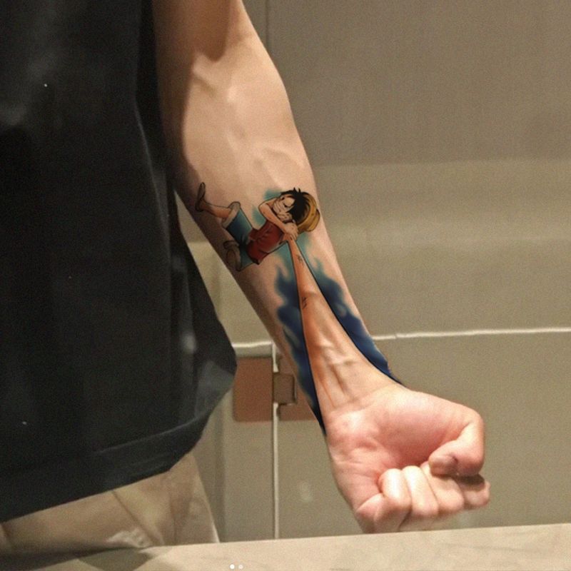 海贼王路飞火拳彩色纹身贴潮酷男女防水仿真持久高级刺青花臂可洗