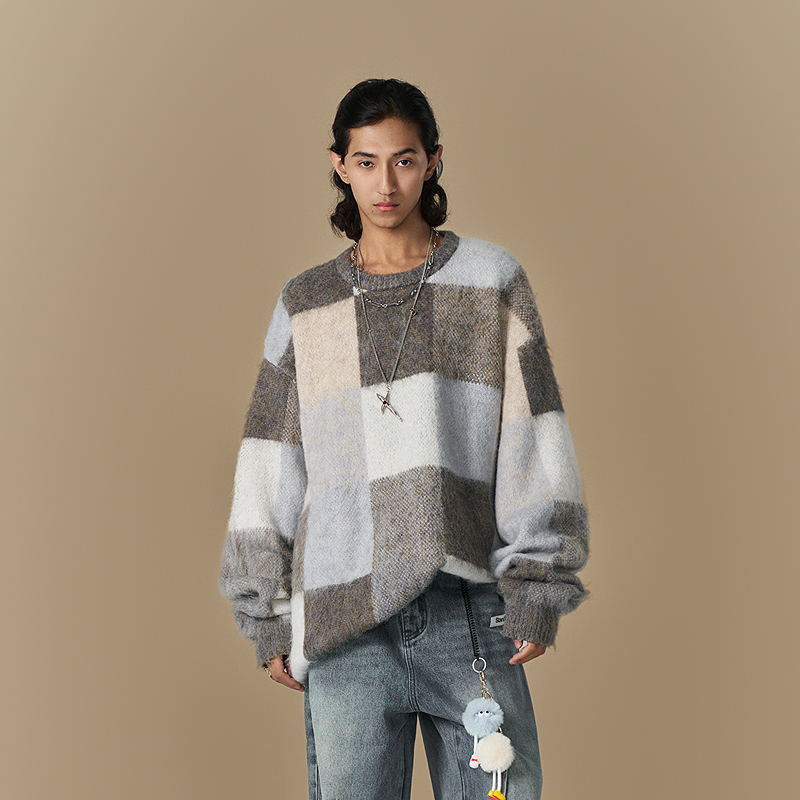 【INXX】潮牌长毛马海毛针织衫男多色拼接圆领毛衣女XRF4061706