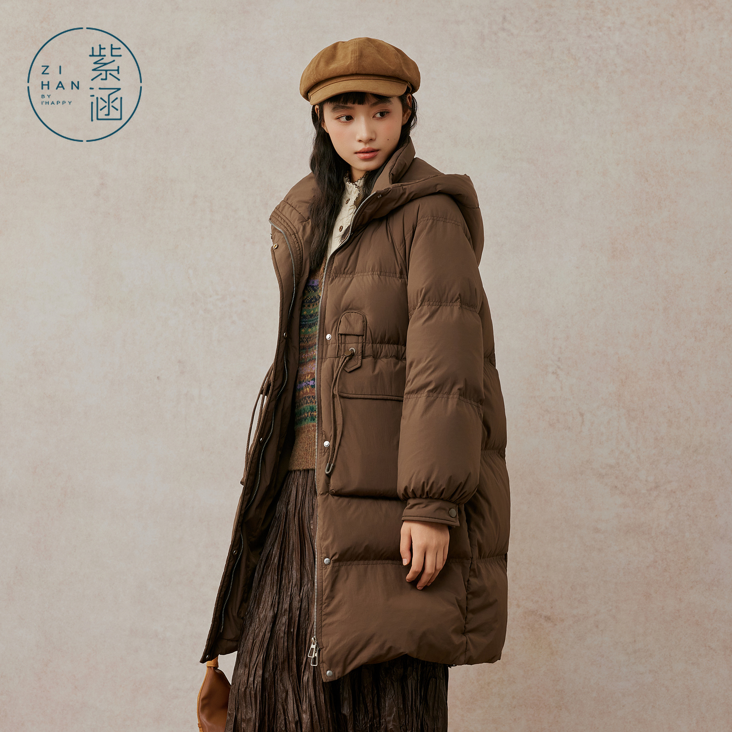 紫涵中长款连帽羽绒服女2025冬季新款收腰立领鸭绒外套Z5Z10BS258